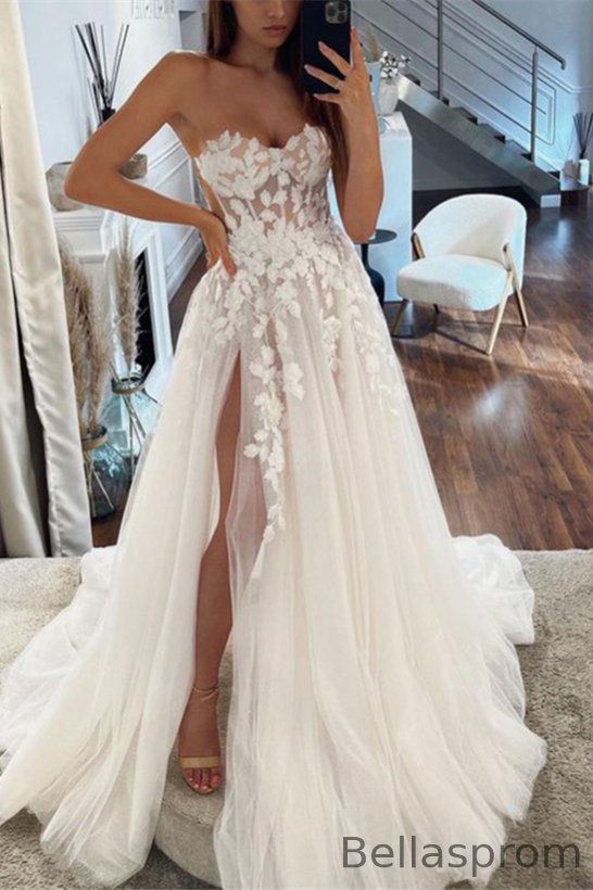 Bellasprom Strapless Sweetheart Tulle Wedding Dress Long Split With Appliques Bellasprom