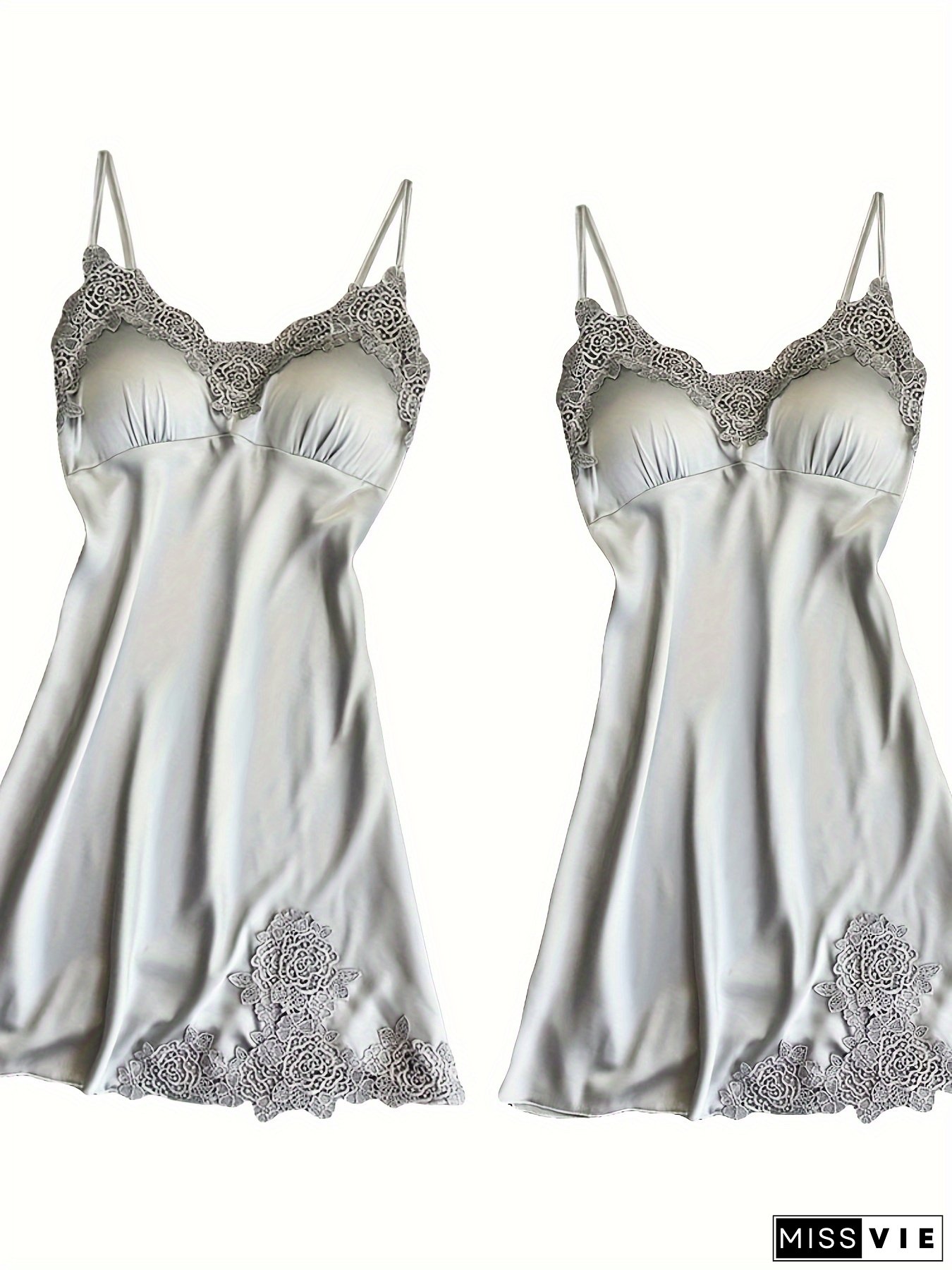 Women's Silk Satin Sleepwear Dress Ladies Sexy Micro Babydoll Lace Sleepwear Dress V-Neck Mini Skirt