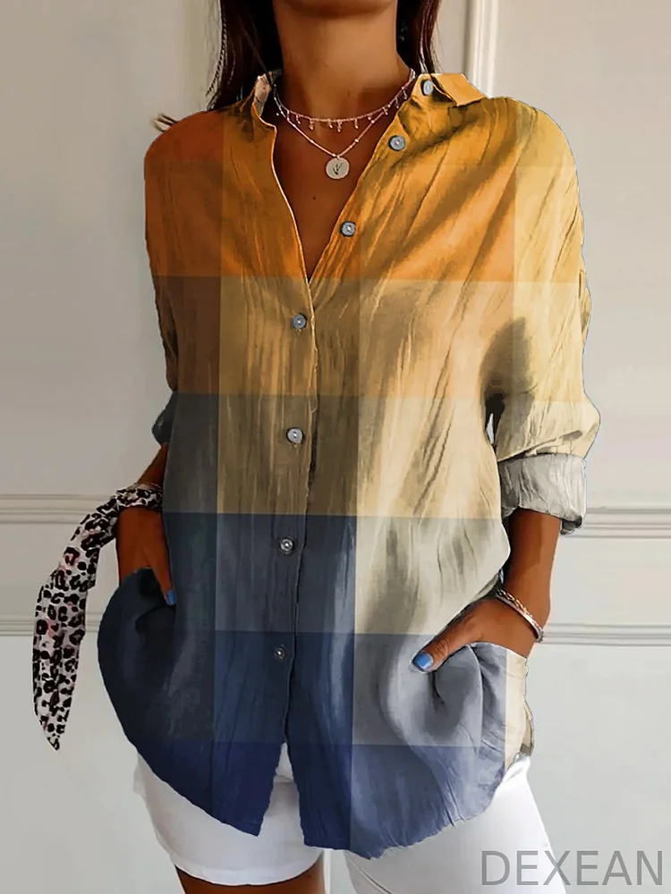 Women's Blue Yellow Gradient Mosaic Abstract Art Print Casual Cotton Shirt