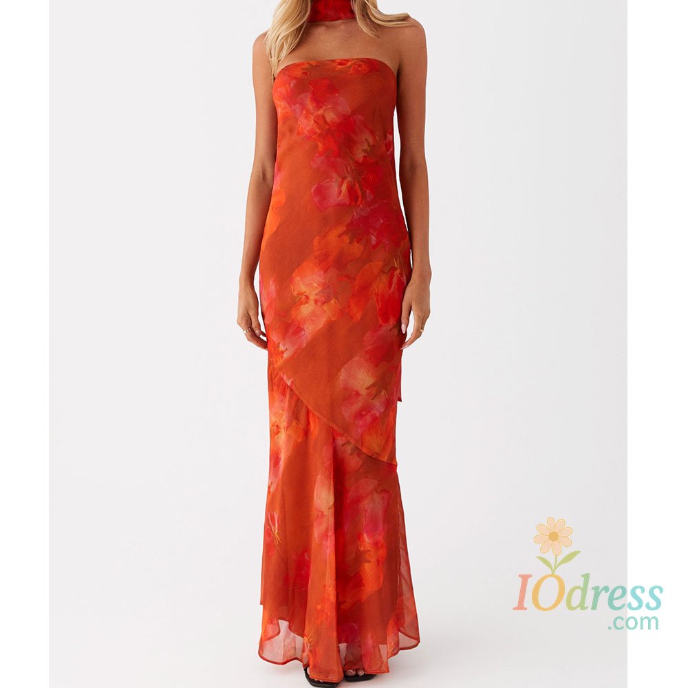IO Dress Women Floral Tube Maxi Dress with Scarf Y2k Strapless Backless Mesh Long Bodycon Dresses 2025 Summer Formal Cocktail Sundress IO Dress