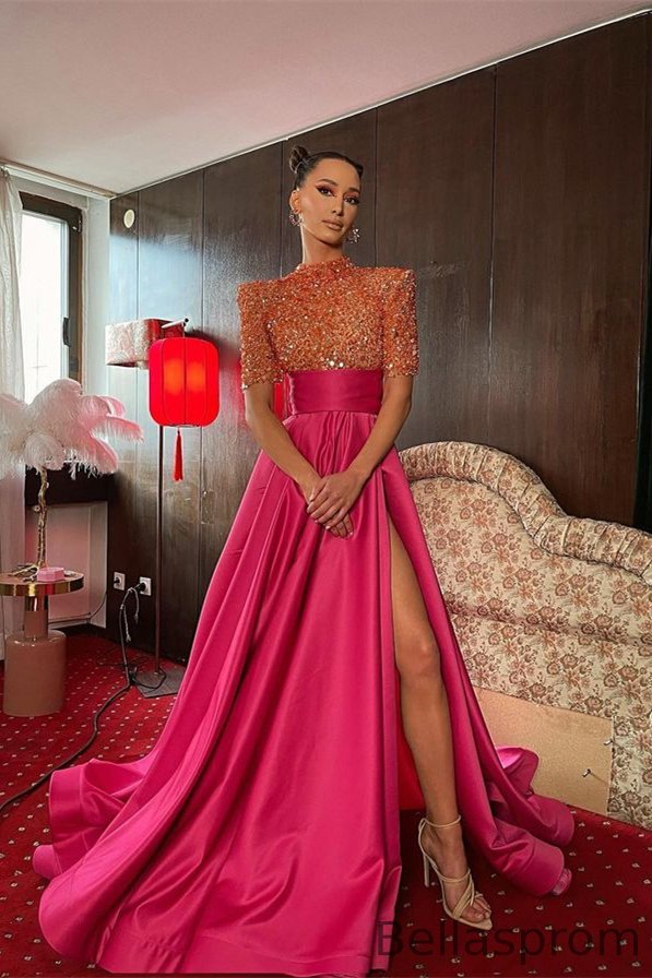 Bellasprom High Neck Half Sleeves Prom Dress Fuchsia Long Split With Sequins Bellasprom