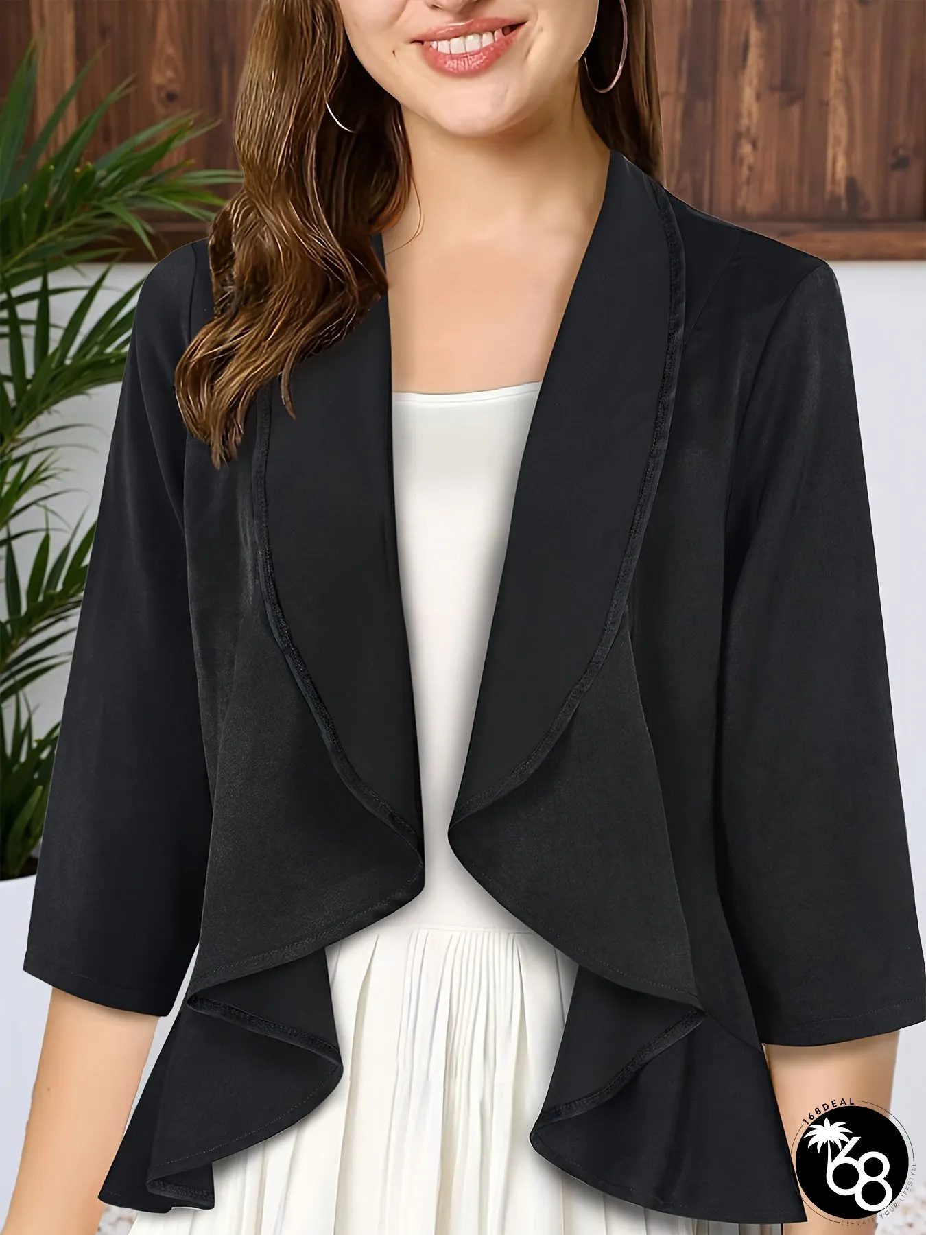 Womens Elegant Blazer Jacket Open Front Closure Three-Quarter Sleeve Coat All-Season Chic | 168DEAL