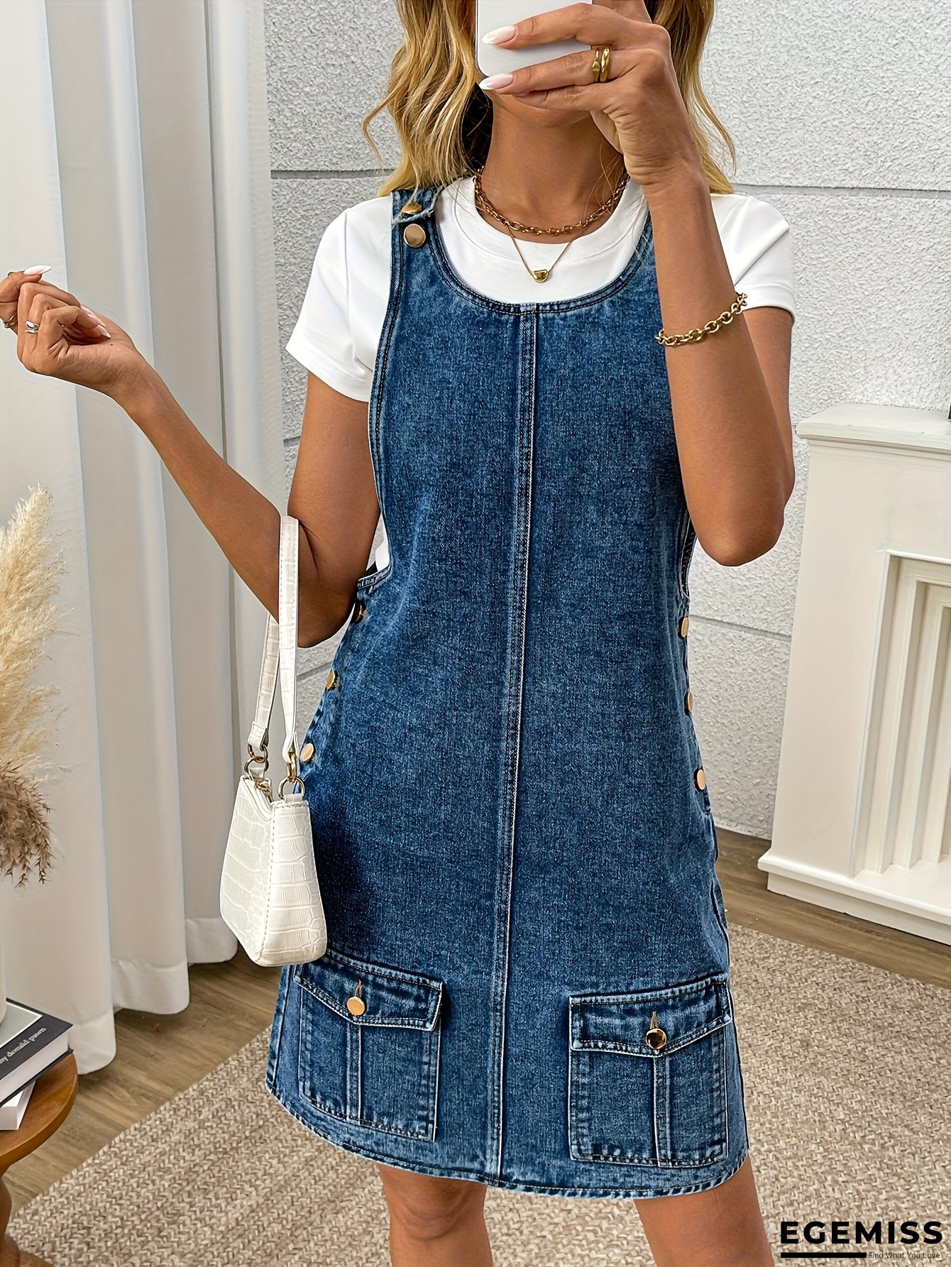 Women's Casual Sleeveless Denim Dress With Adjustable Straps, Washed Blue, Double Pockets At Hem, Button Details, Regular Fit For Spring Summer Fall, Spring Summer Dress | Sleeveless Fashion | Button Detail Dress | EGEMISS