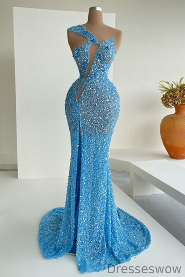 Dresseswow One Shoulder Ocean Blue Sequins Evening Dress Mermaid Long With Split