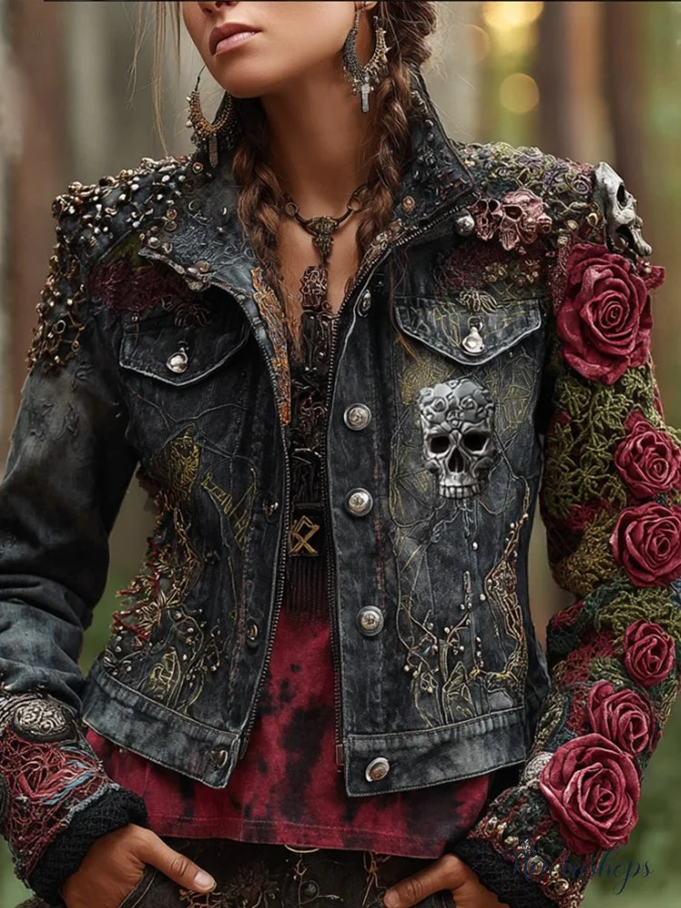 Women's Vintage Skull Rose Tie-dye Denim Jacket