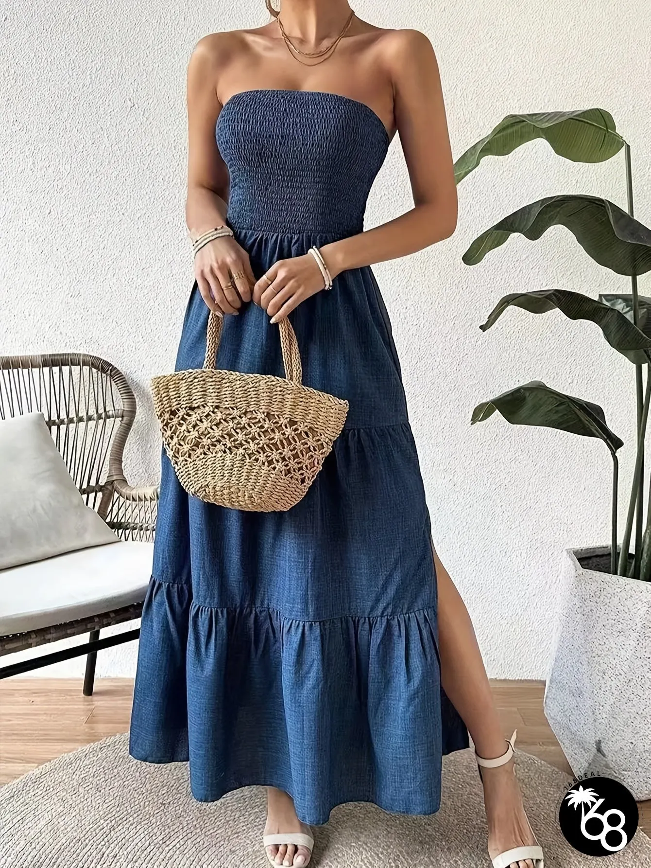 Womens Elegant Strapless Summer Dress Vibrant Green Ruffled Hem Side Slit Fitted Long | 168DEAL