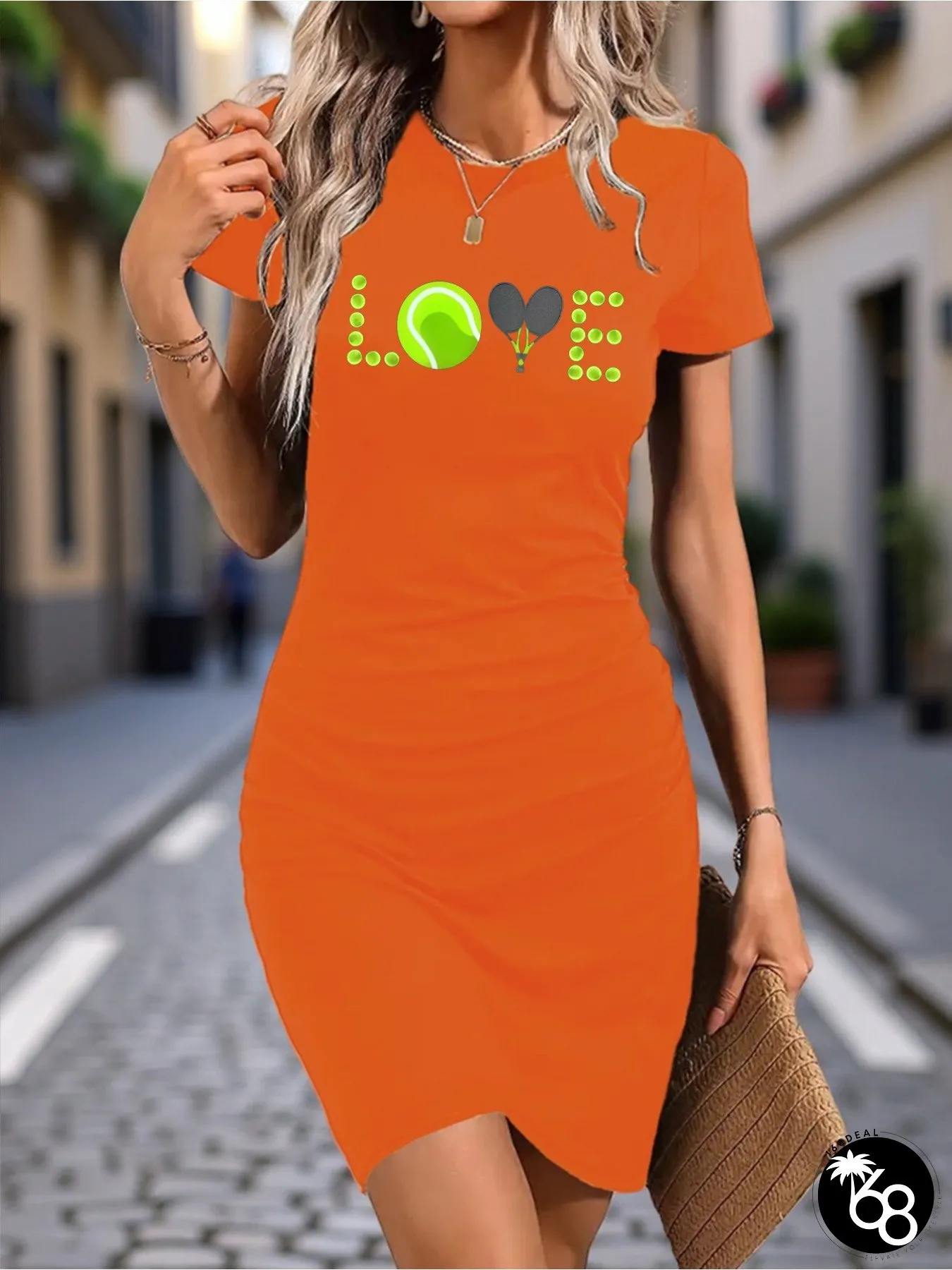 Womens Elegant Orange Tennis-themed dress casual short sleeve Round-neck non-stretch | 168DEAL
