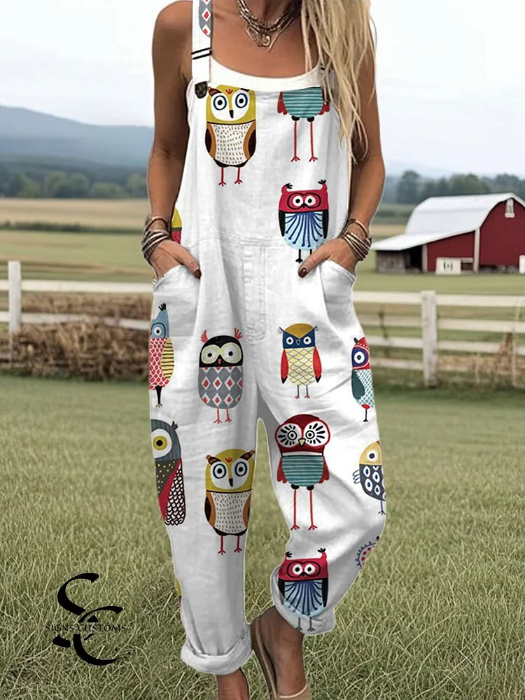 Women's  Funny  Owl  Art Print Casual 100% Cotton Wide Leg Jumpsuit