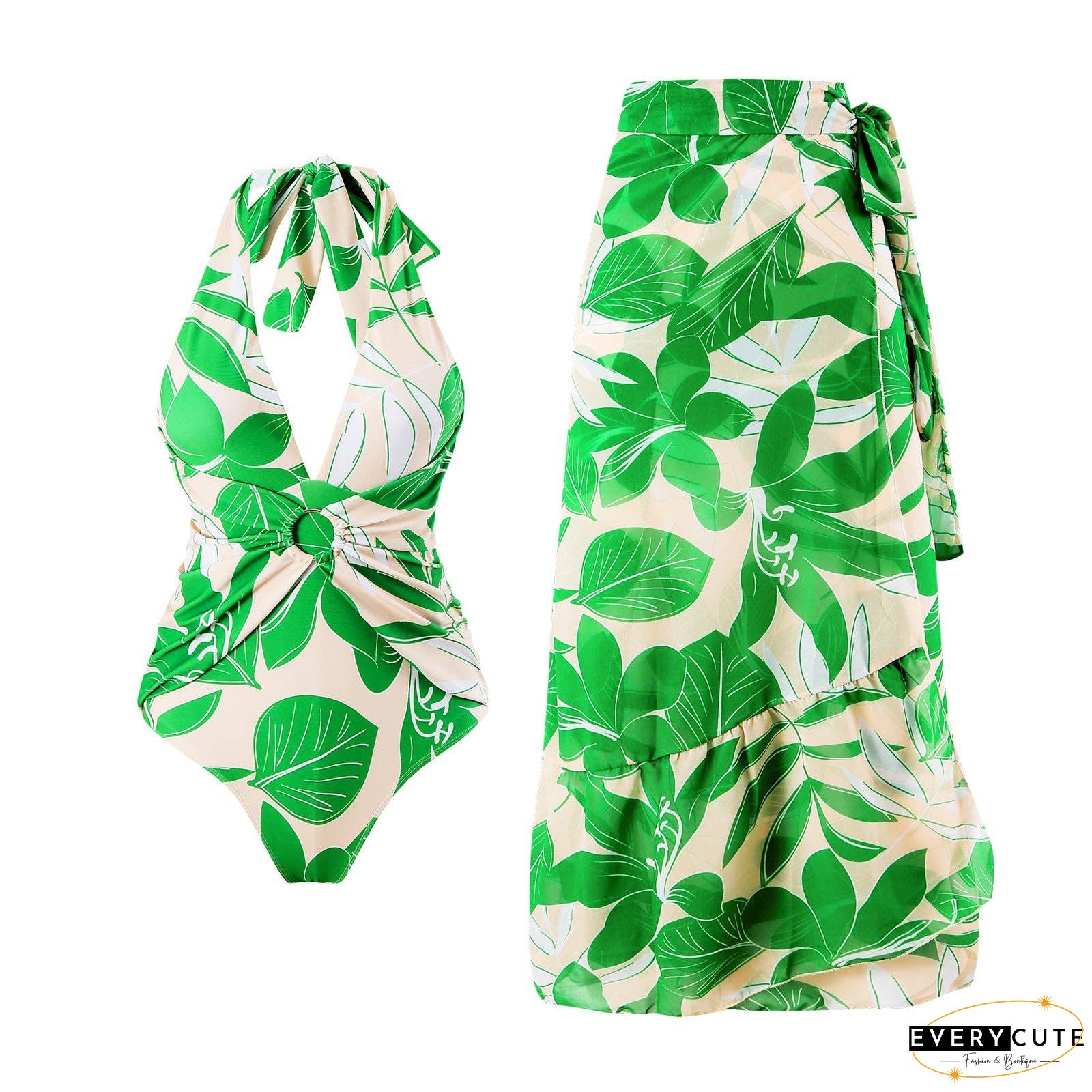 Green Floral One Piece Swimwear with Cover Y166