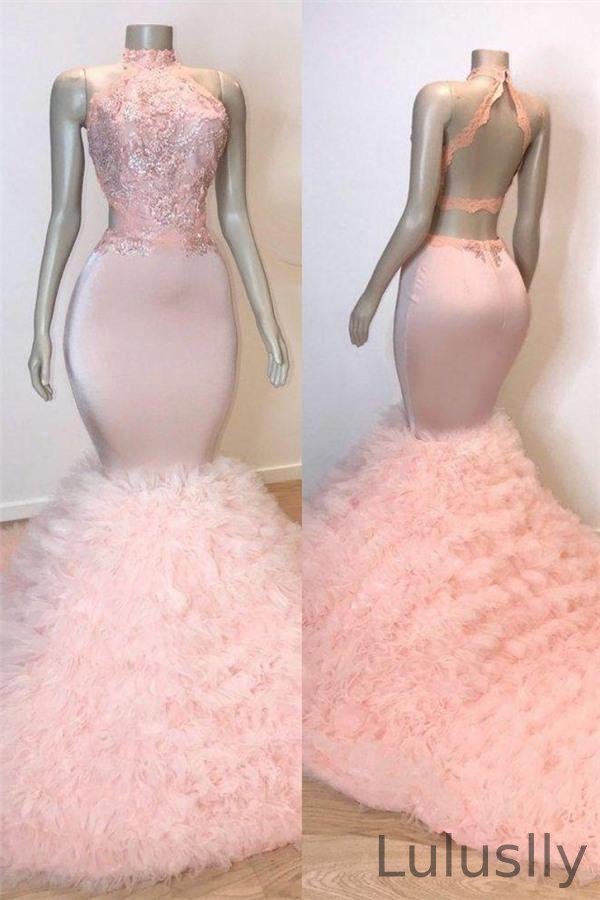 Luluslly Pink High Neck Mermaid Prom Dress Lace Appliques Tulle Evening Gowns