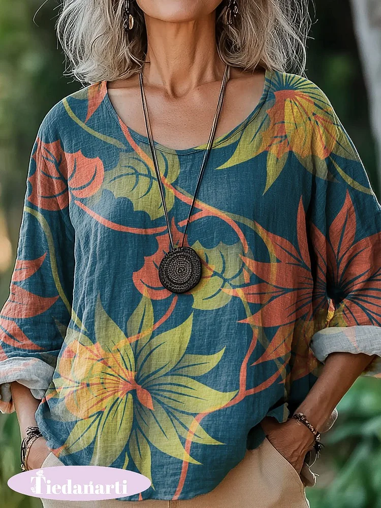 Women's Vintage Flower Art Print Casual Cotton And Linen Shirt