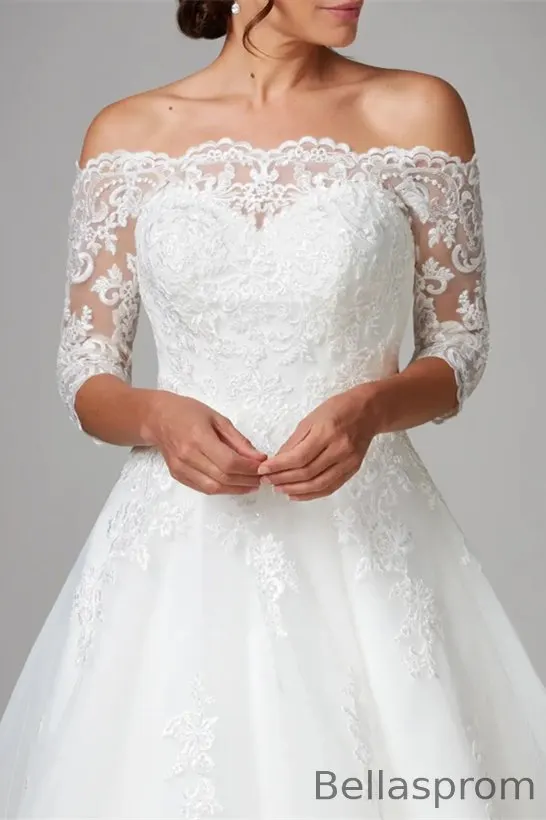 3 4 sleeve short wedding dress 3/4 Sleeve Calf Length Lace Tulle Ball Gown Short Wedding Dress