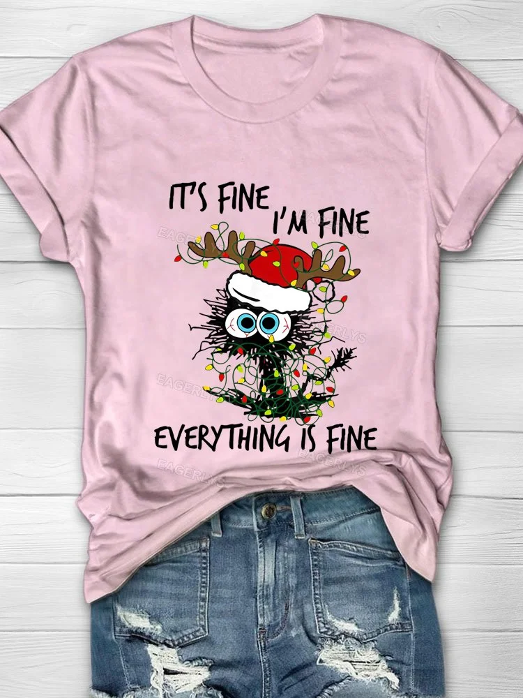 Eagerlys Deer It’s Fine I’m Fine Everything Is Fine Christmas Tree Cat T-shirt Eagerlys