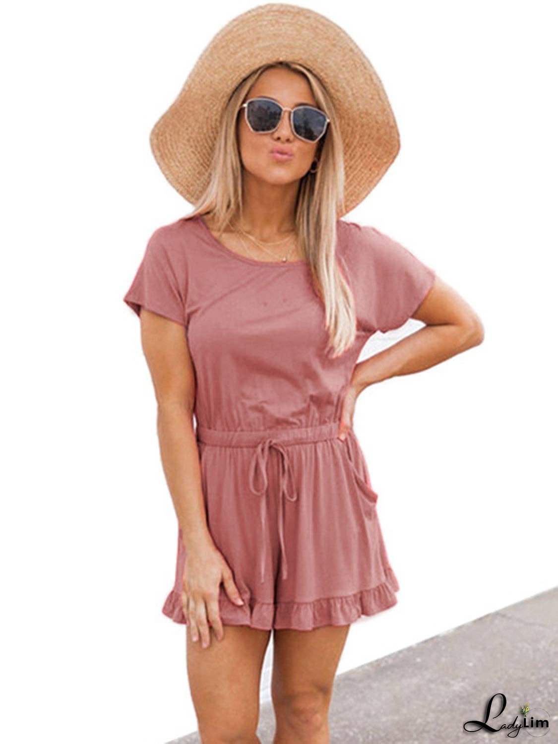 Ruffled Boat Neck Short Sleeve Romper