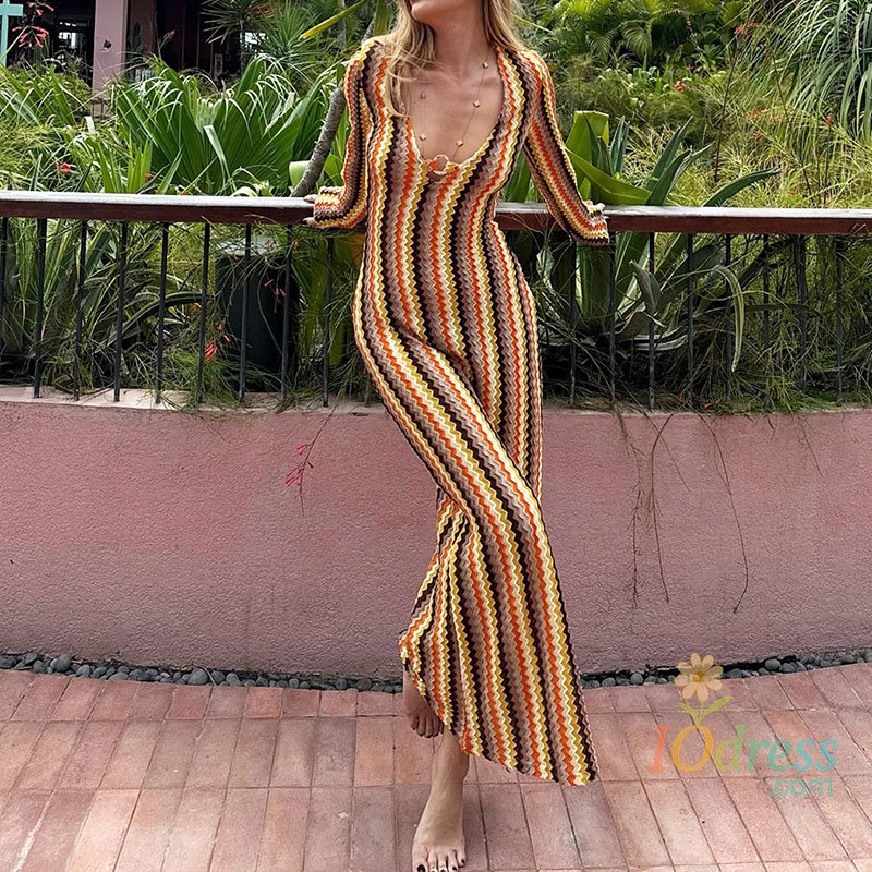 IO Dress Sexy V-neck Contrast Color Knitted Wrap Hips Dress Elegant Long Sleeve Slim Banquet Dress Autumn Fashion Hollow Out Party Dress IO Dress