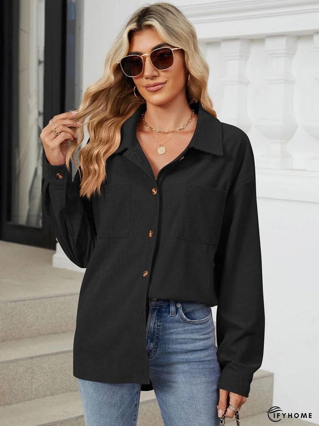 Button Up Dropped Shoulder Long Sleeve Outerwear | IFYHOME