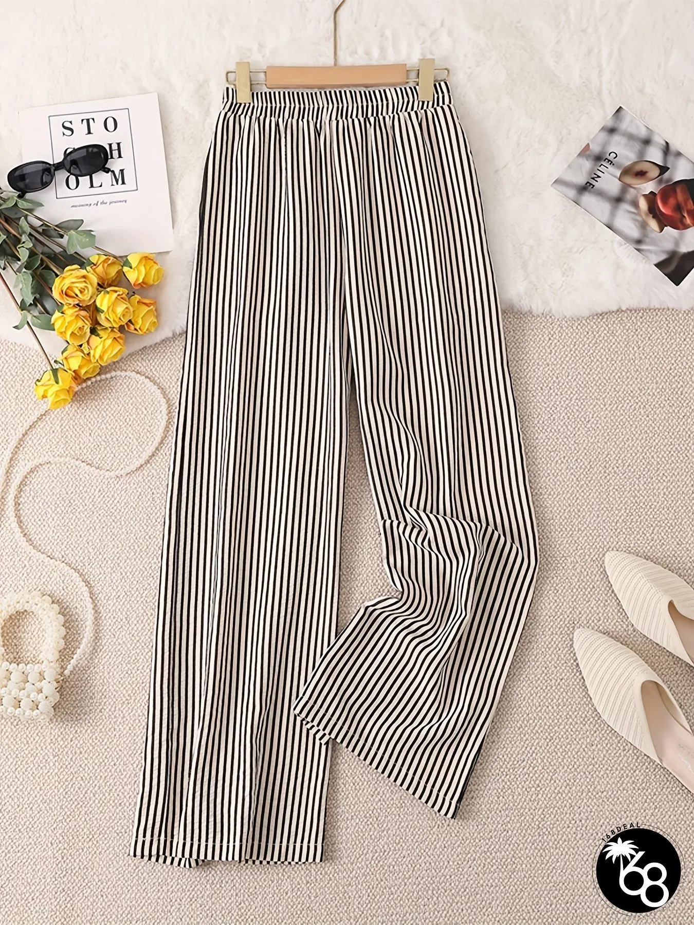 Womens Striped Wide-Leg Pants with Elastic Waistband And Pockets-Loose, Casual-Long | 168DEAL