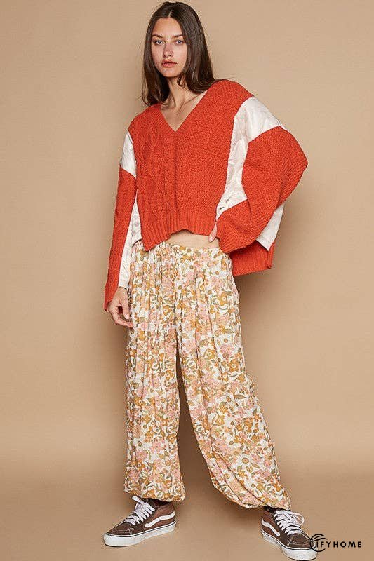 POL Cable Knit Quilting Patch V-Neck Contrast Sweater | IFYHOME