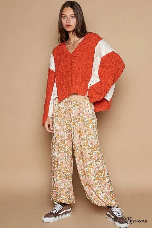 POL Cable Knit Quilting Patch V-Neck Contrast Sweater | IFYHOME