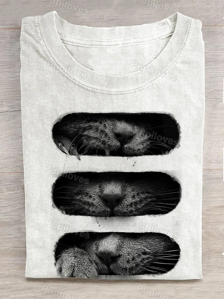 Pupiloves Pupiloves  Retro Cat Funny Art Print Casual T-Shirt