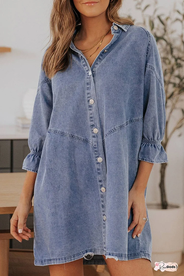 Collared Neck Flounce Sleeve Denim Mini Dress