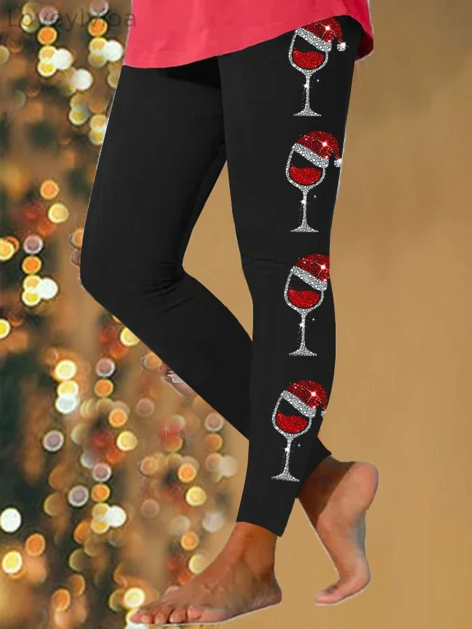 Women's Merry   Shiny Wine Glass Print Leggings