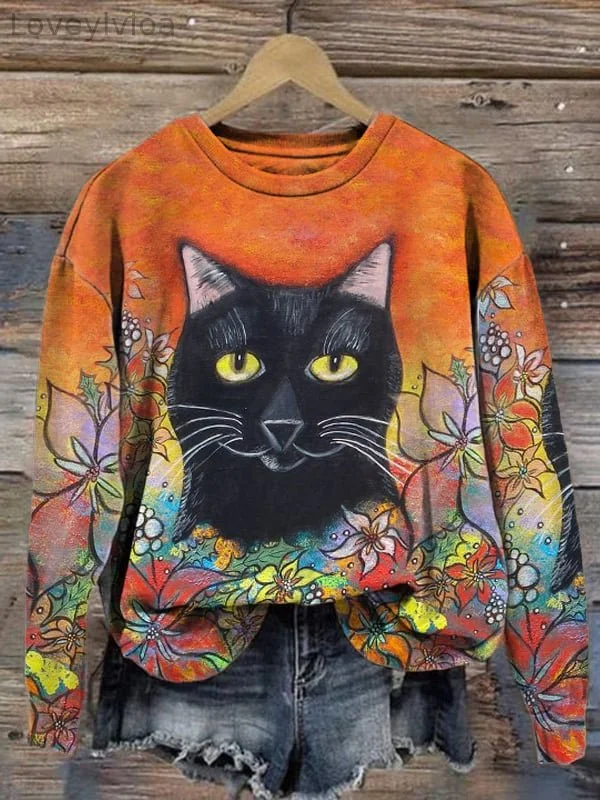 Stylish Art Cat Print Sweatshirt