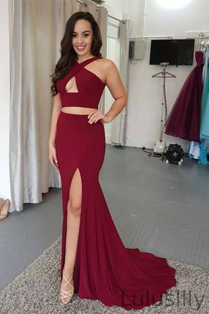 Modern Two Pieces Mermaid Halter Prom Dress With Split - lulusllly