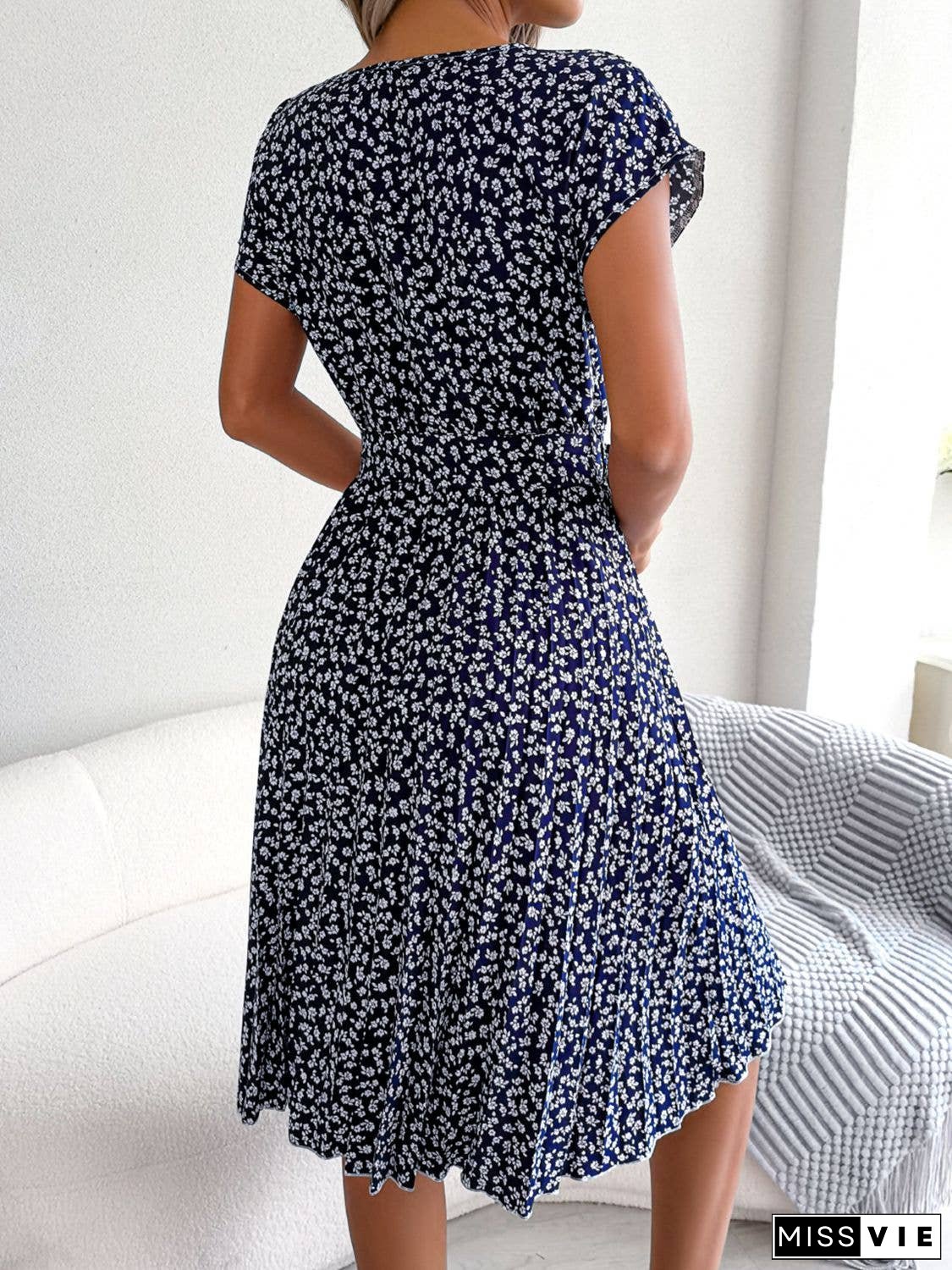 Ditsy Floral Pleated Belted Dress