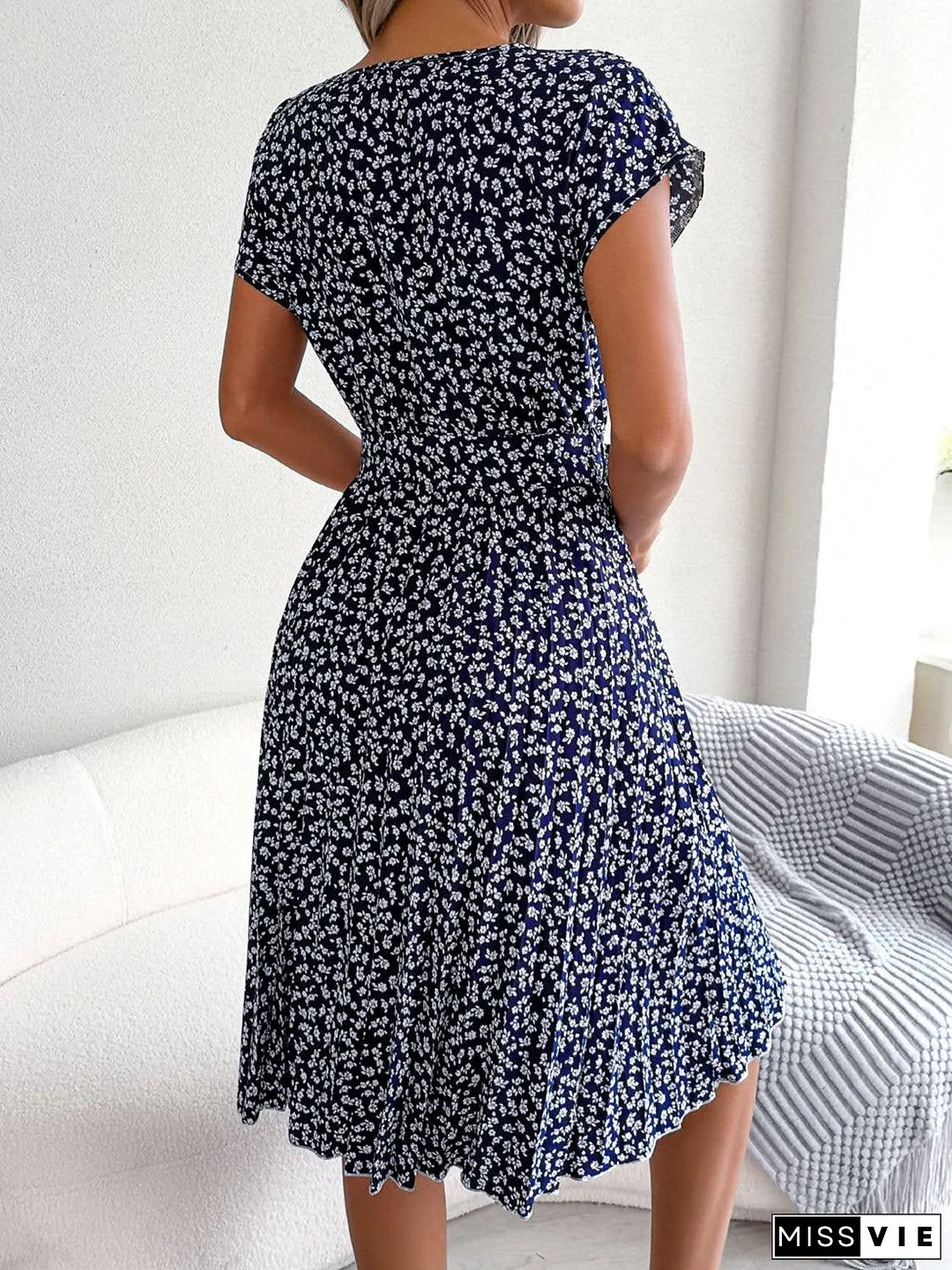 Ditsy Floral Pleated Belted Dress