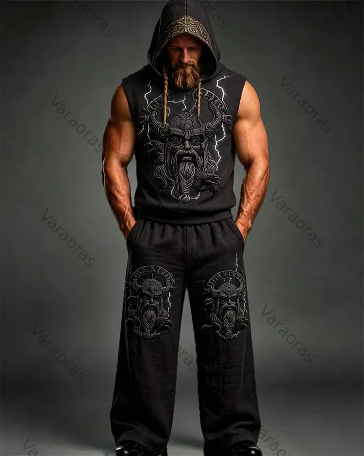 Men's Summer Fashion Viking Embroidered Cotton Linen Hooded Top and Pants Two-Piece Set 7042