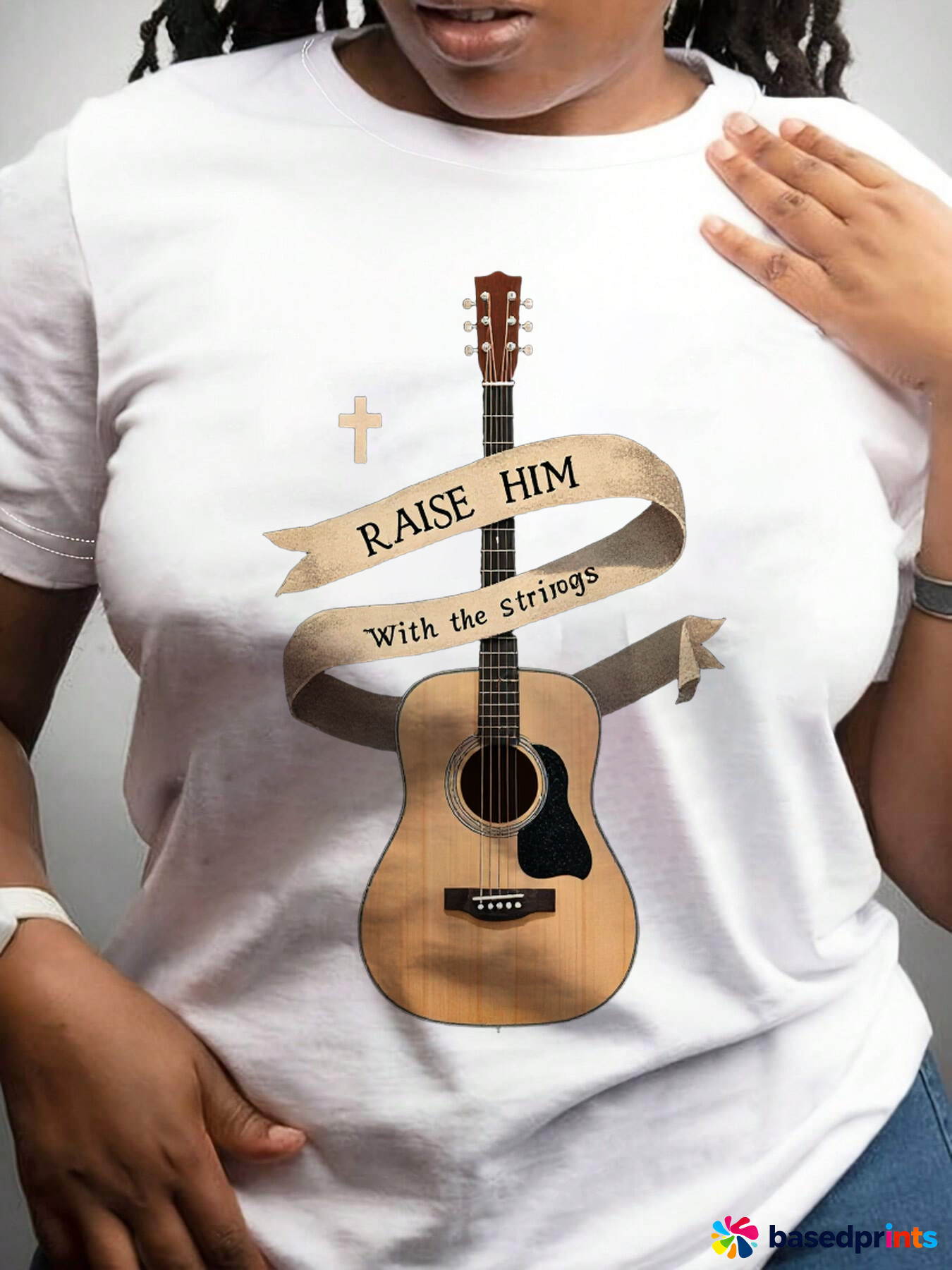 Acoustic Guitar T-Shirt with Cross and Ribbon Design