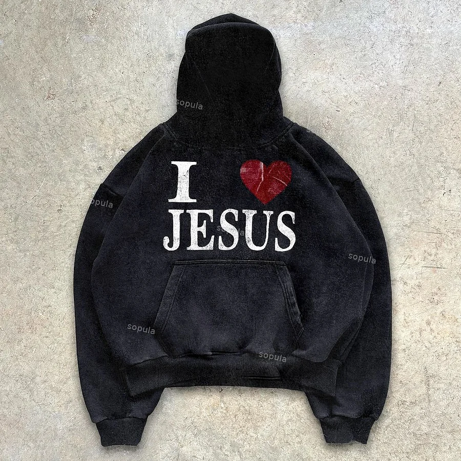 I Love Jesus Graphic Acid Washed Pullover Hoodie