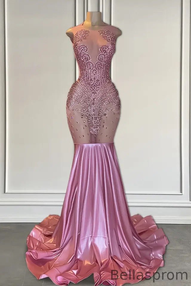 Bellasprom Pink Sleeveless Mermaid Prom Dress Long With Beadings Bellasprom