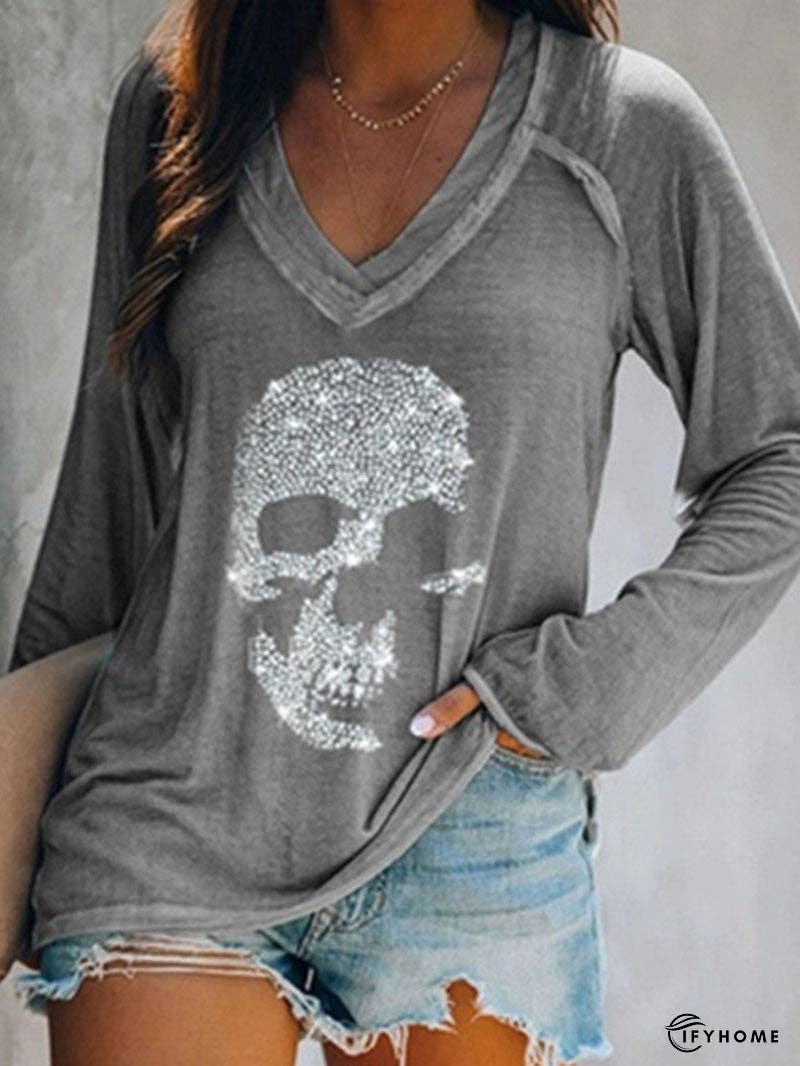 Skull Print Casual Long-sleeved V-neck T-shirt | IFYHOME