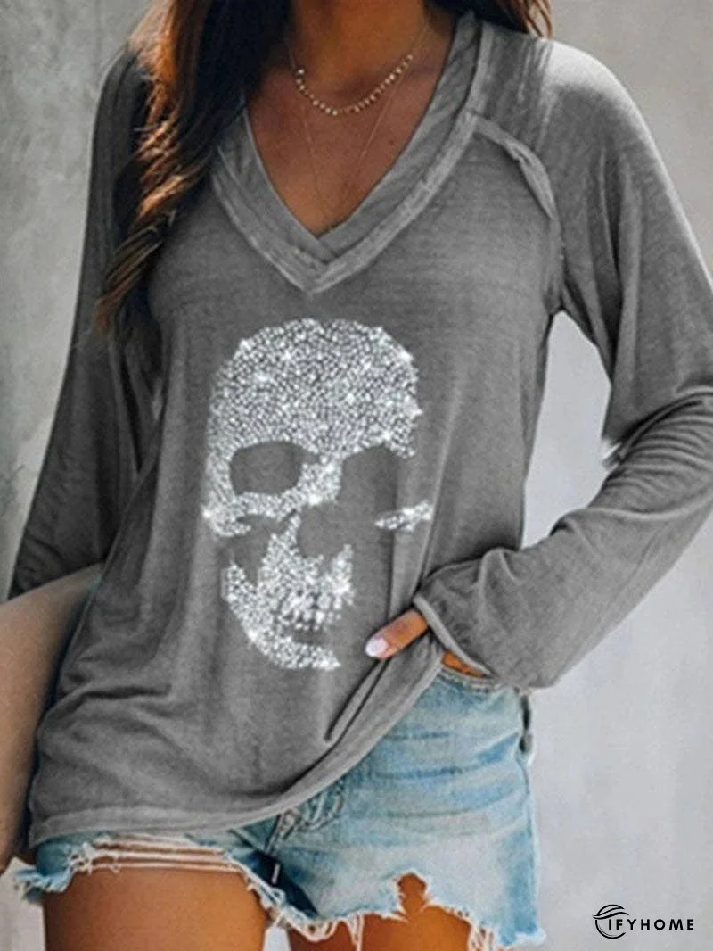 Skull Print Casual Long-sleeved V-neck T-shirt | IFYHOME