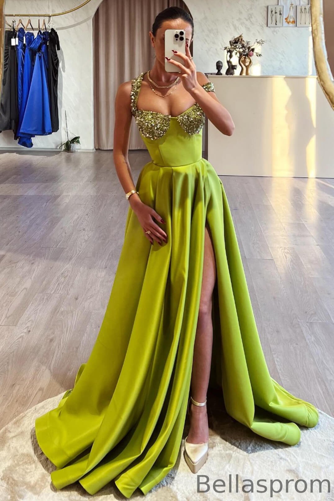 Bellasprom Off-the-Shoulder Olive Green Prom Dresses A-Line Long Slit With Sequins Bellasprom