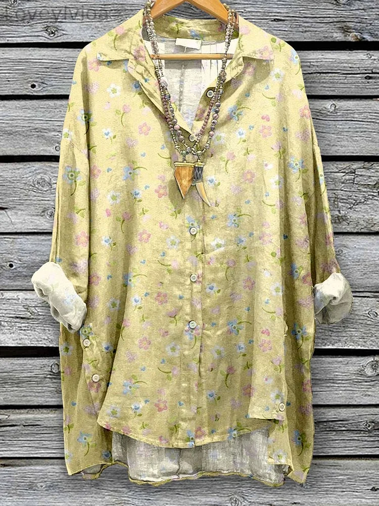 Women's Floral Flowers Spring Print Casual Cotton And Linen Shirt