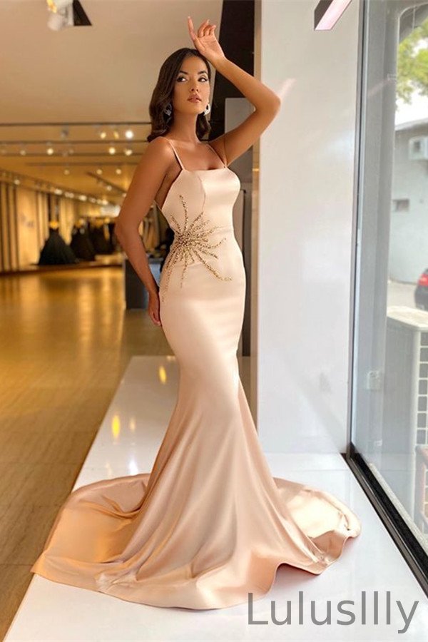 Charming Spaghetti-Straps Mermaid Evening Dress Long With Beadings - lulusllly