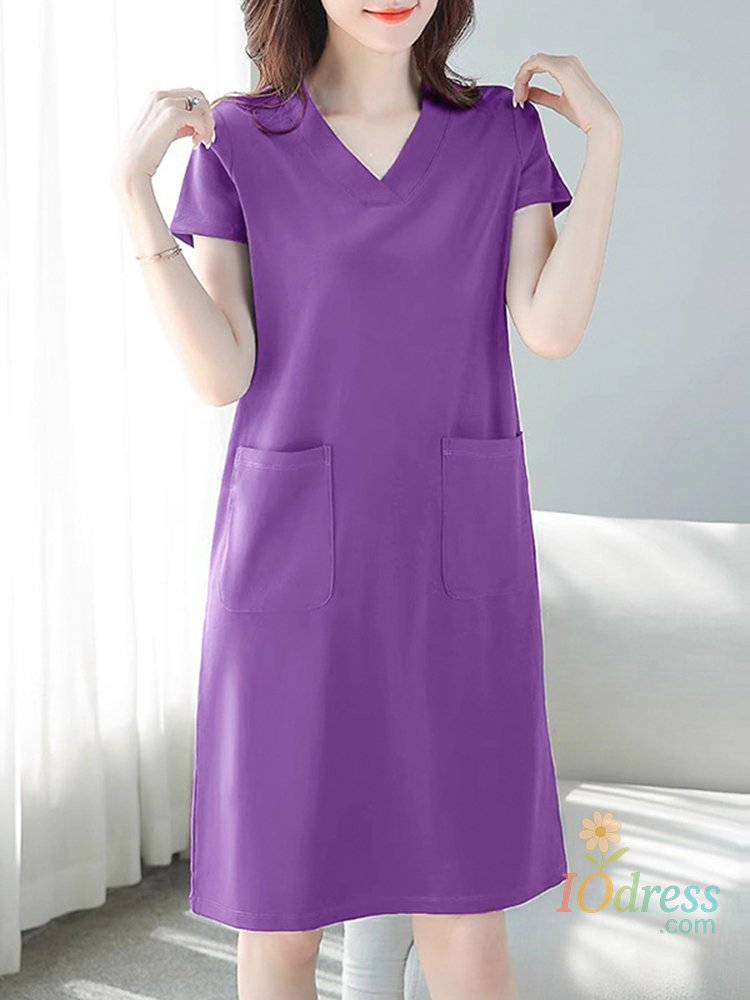 IO Dress Shop 2025 Summer Dress Women Casual Solid Vintage Basic V-neck Midi Vestidos Short Sleeve Pocket Robe Holiday Loose Sundress IO Dress