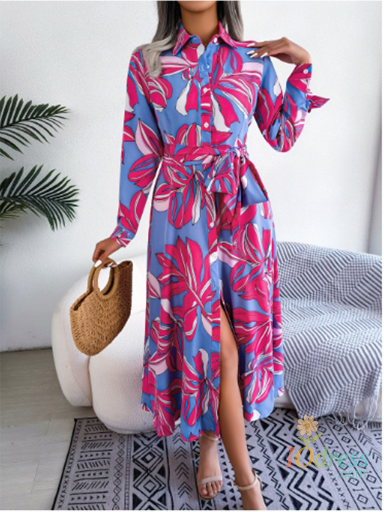 IO Dress Flip Collar Tied Long Sleeve Shirts Dresses Women's Color Blocked Printed Dress Elegant Office Dating Autumn Dress IO Dress