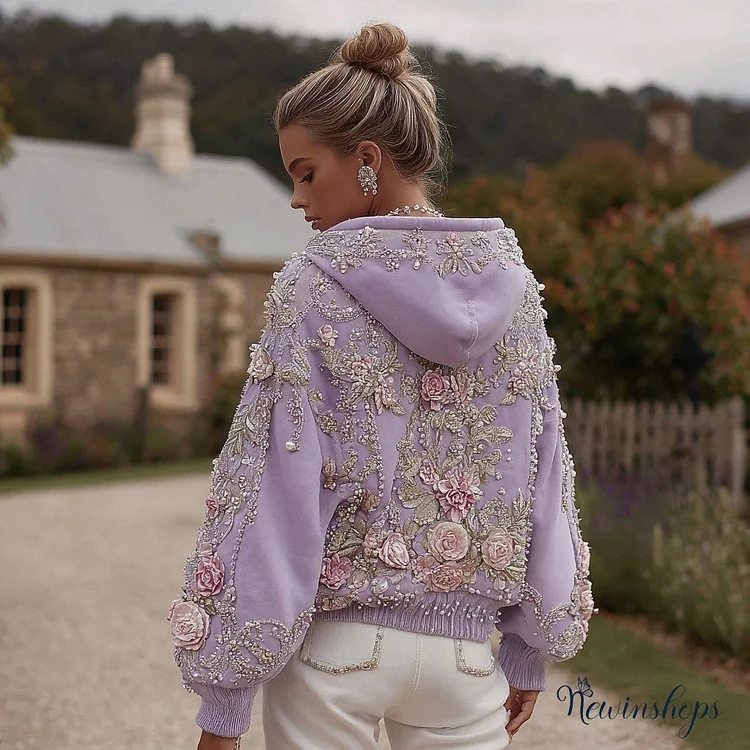 Women's Vintage Rose Pearl Embroidered Comfort Hoodie