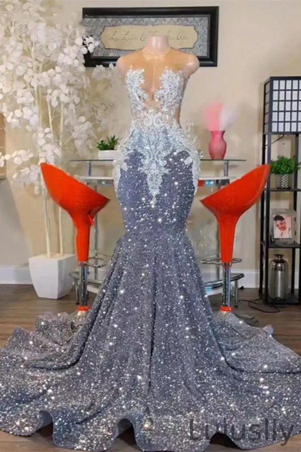 Luluslly Silver Sequins Mermaid Prom Dress Sleeveless With Beads Appliques