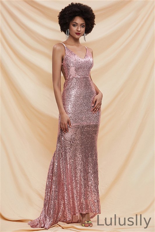 Luluslly Pink Spaghetti-Straps Sequins Evening Dress Back Out Mermaid Sleeveless YE0174
