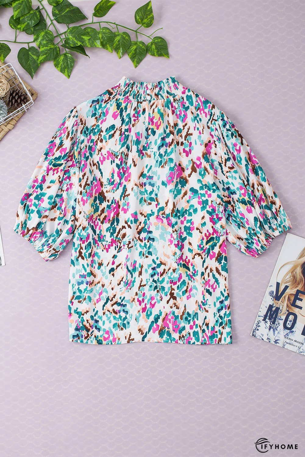 Abstract Print Puff Sleeve Mock Neck Blouse | IFYHOME