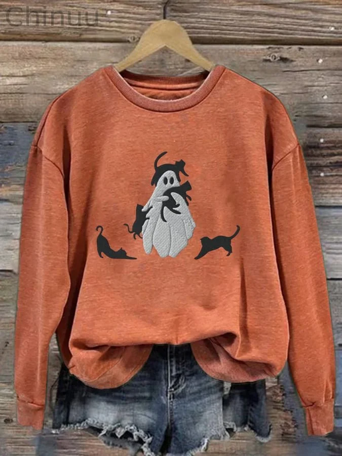 Women's Ghost With Black Cats Print Casual Sweatshirt 