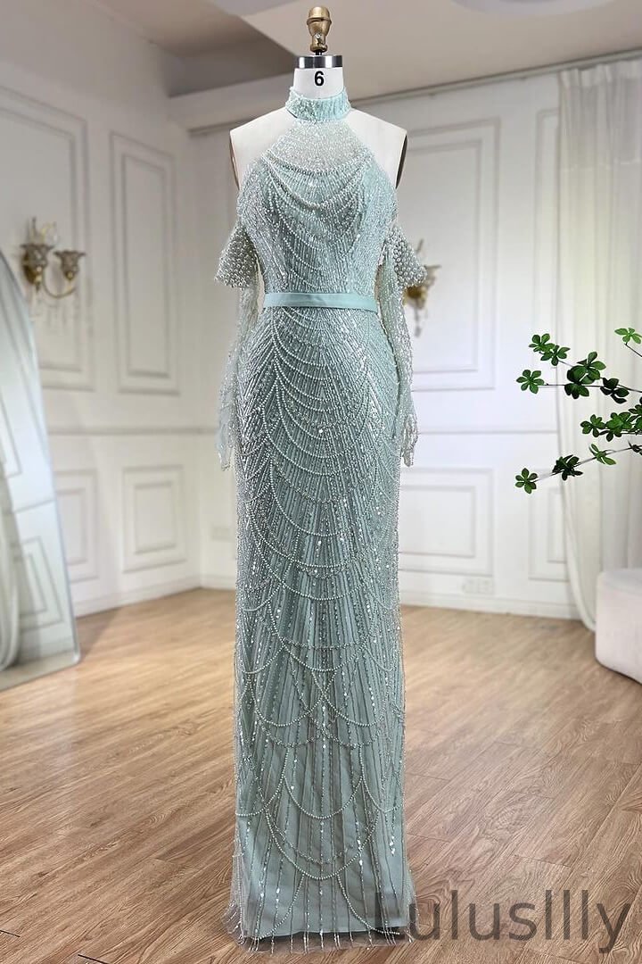 Classic Halter High Neck Mermaid Evening Gowns With Pearls Sequins Detachable Sleeves - lulusllly
