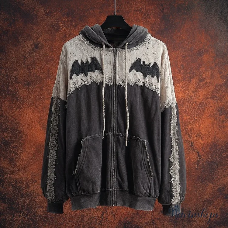 Vintage Halloween Bats Embroidered Lace Patchwork Zip Up Hoodie