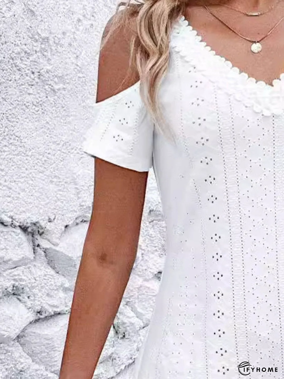 Eyelet V-Neck Cold Shoulder Mini Dress | IFYHOME