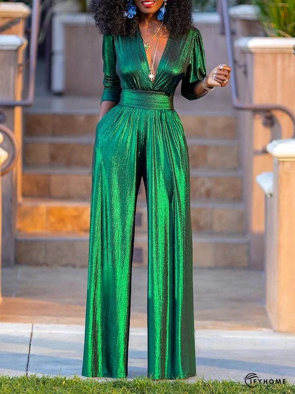 High Waisted Three-Quarter Sleeves Pleated Solid Color Deep V-Neck Jumpsuits | IFYHOME